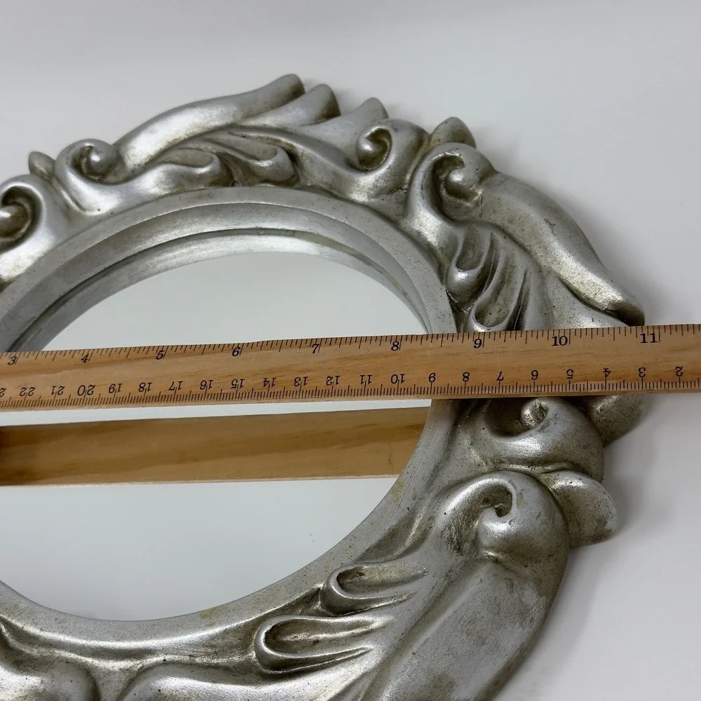 Vintage Silver Tone Ornate Round Mirror Baroque Scroll Frame 11
